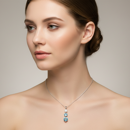 925 Sterling Silver Triple Drop Blue and Clear CZ Pendant Necklace