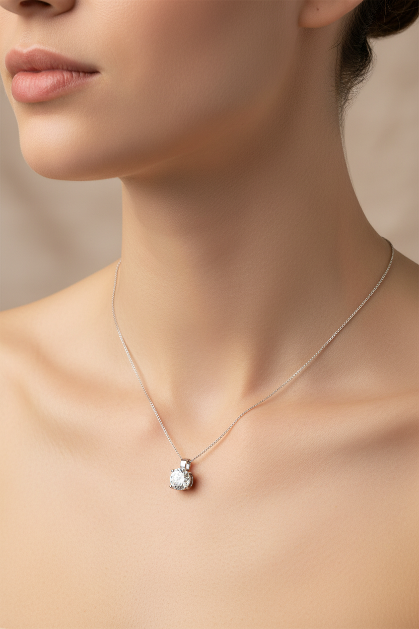 925 Sterling Silver Solitaire CZ Pendant Necklace
