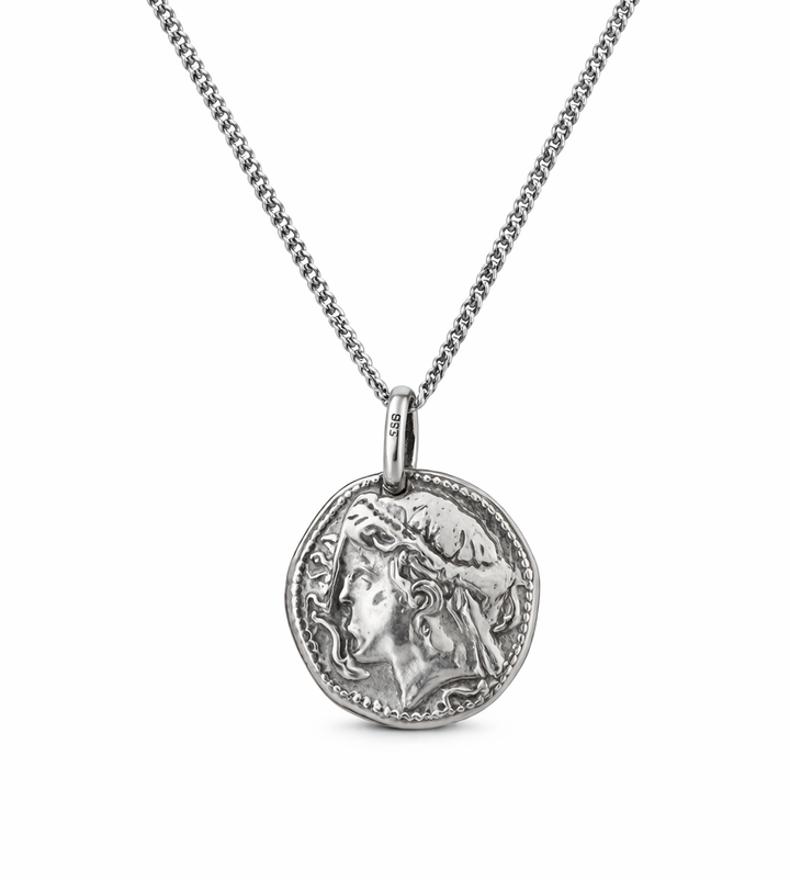 925 Sterling Silver Two Side Greek Coin Style Pendant Necklace