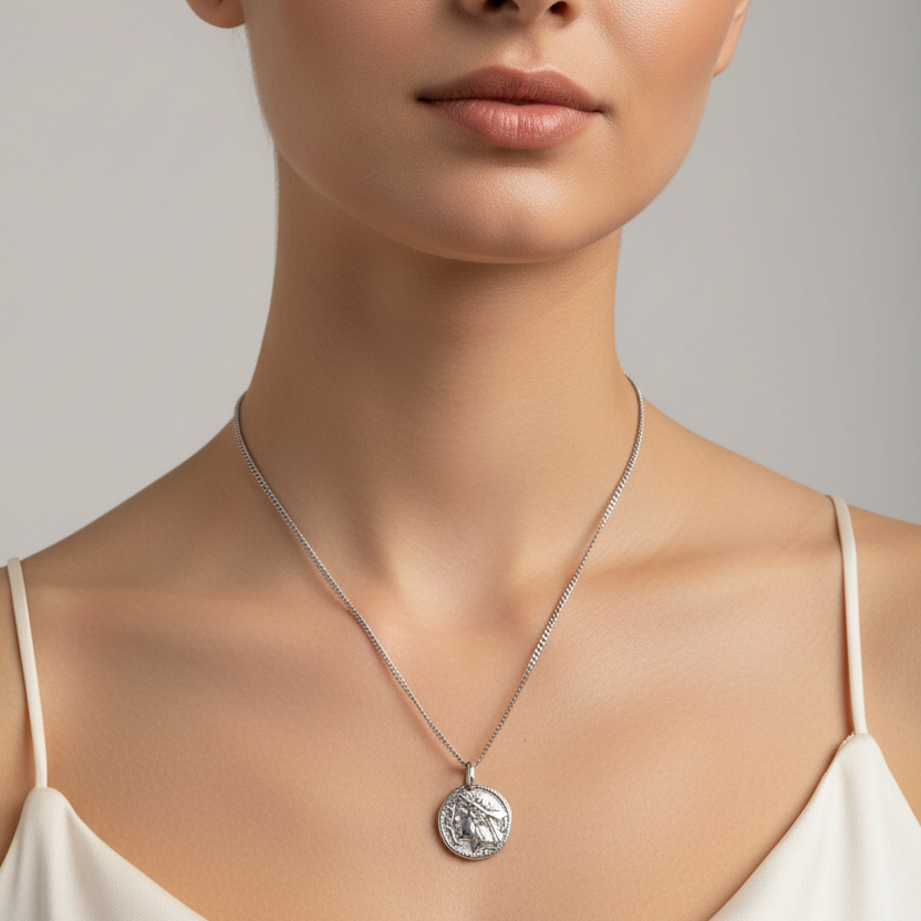 925 Sterling Silver Two Side Greek Coin Style Pendant Necklace