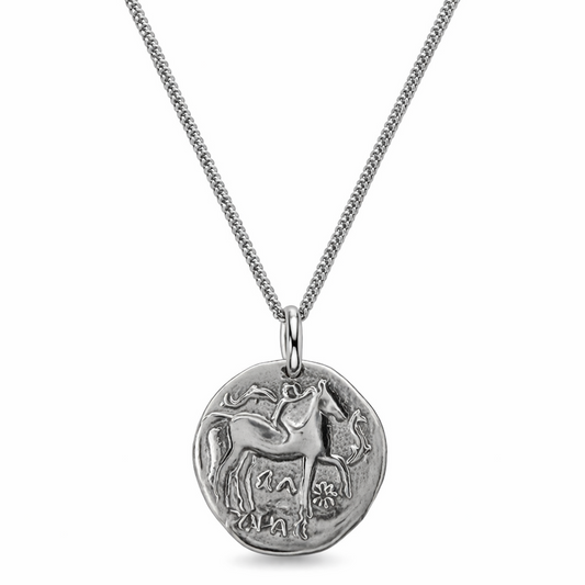 925 Sterling Silver Two Side Greek Coin Style Pendant Necklace