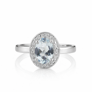 925 Sterling Silver Oval Aquamarine Halo Ring with Diamond Accents