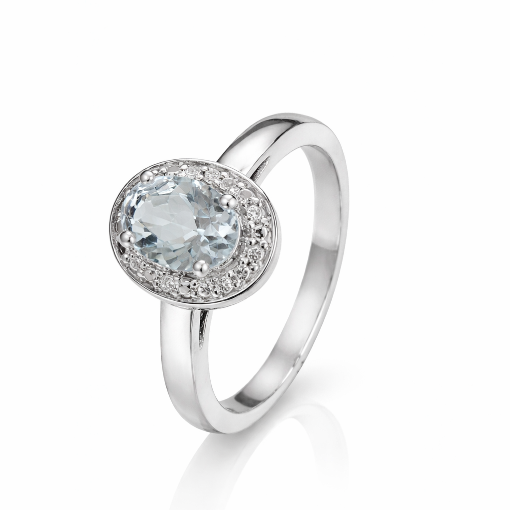 925 Sterling Silver Oval Aquamarine Halo Ring with Diamond Accents