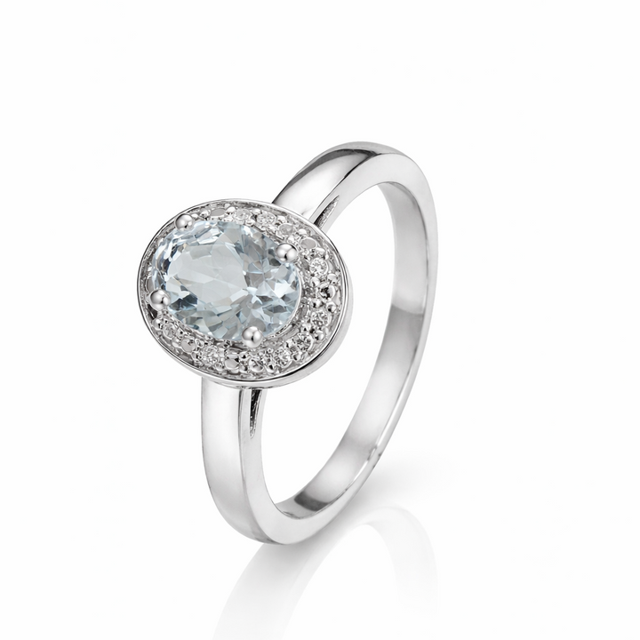 925 Sterling Silver Oval Aquamarine Halo Ring with Diamond Accents