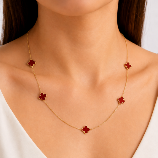 18k Yellow Gold Clover Shape Agate  Station Necklace