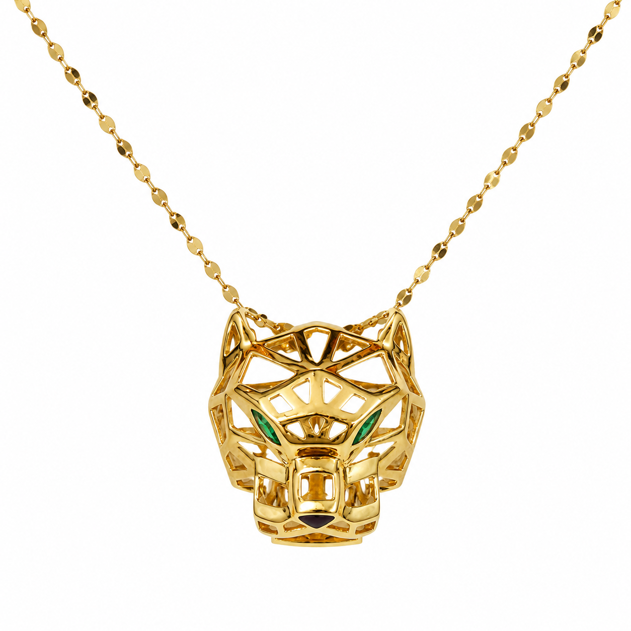 18k Yellow Gold Panther Head Pendant Green Eyes CZ Necklace with Oval Disc Chain