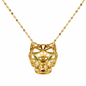 18k Yellow Gold Panther Head Pendant Green Eyes CZ Necklace with Oval Disc Chain