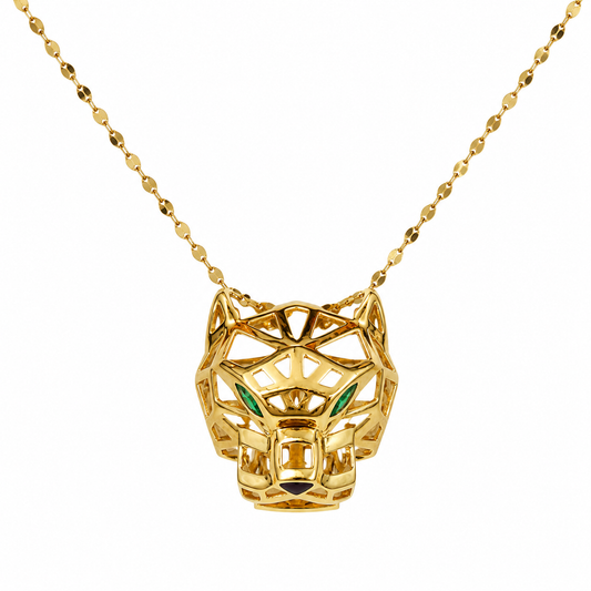 18k Yellow Gold Panther Head Pendant Green Eyes CZ Necklace with Oval Disc Chain
