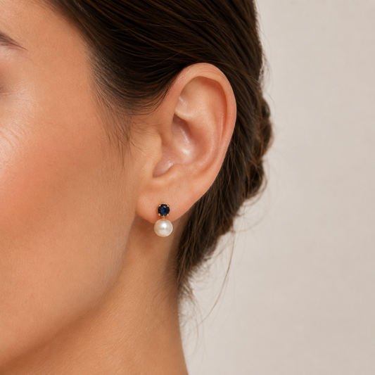 14k Yellow Gold Pearl Drop Stud Earrings with Blue Sapphire Accent