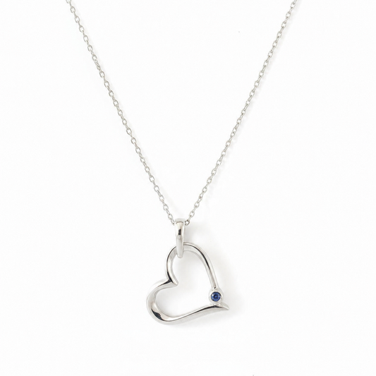 925 Sterling Silver Heart Shaped with single Sapphire Pendant Necklace