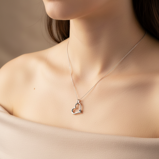 925 Sterling Silver Heart Shaped with single Sapphire Pendant Necklace