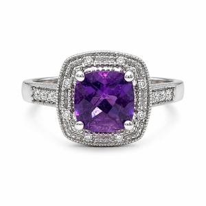 14K White Gold Cushion Amethyst & Diamond Halo Ring