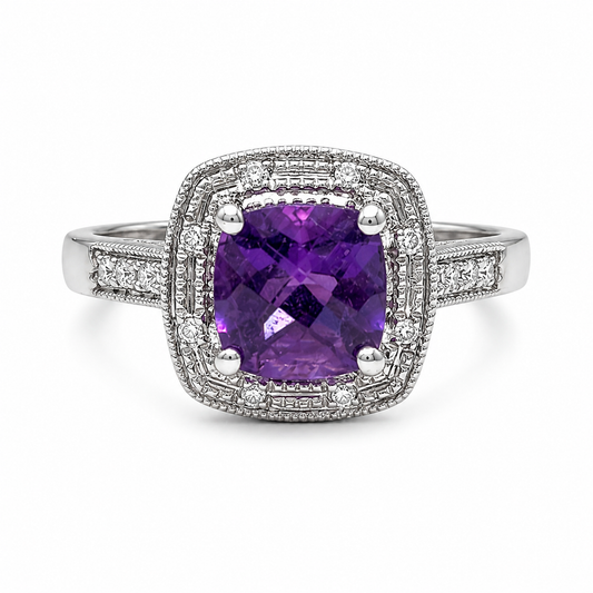 14K White Gold Cushion Amethyst & Diamond Halo Ring