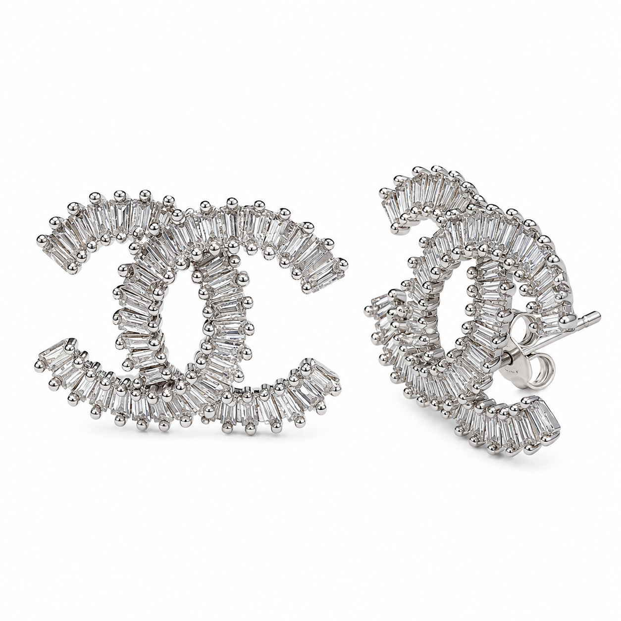 18K White Gold Baguette Diamond Interlocking C Stud Earrings