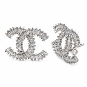 18K White Gold Baguette Diamond Interlocking C Stud Earrings
