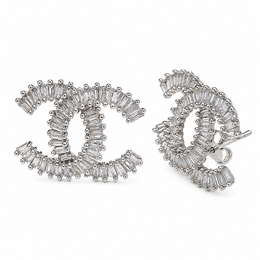 18K White Gold Baguette Diamond Interlocking C Stud Earrings