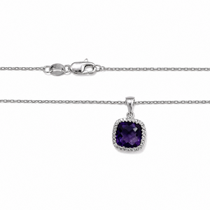 14K White Gold Cushion Amethyst & Diamond Halo Pendant Necklace