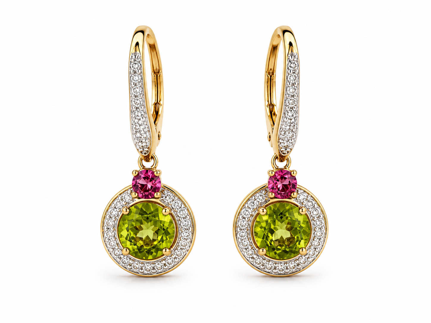 925 Gold-Plated Sterling Silver Green & Pink CZ Halo Drop Earrings