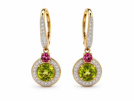 925 Gold-Plated Sterling Silver Green & Pink CZ Halo Drop Earrings