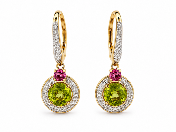 925 Gold-Plated Sterling Silver Green & Pink CZ Halo Drop Earrings