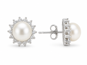 925 Sterling Silver Pearl & Diamond Halo Stud Earrings – 10mm