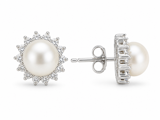 925 Sterling Silver Pearl & Diamond Halo Stud Earrings – 10mm