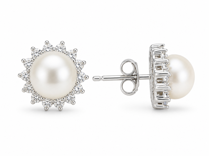 925 Sterling Silver Pearl & Diamond Halo Stud Earrings – 10mm