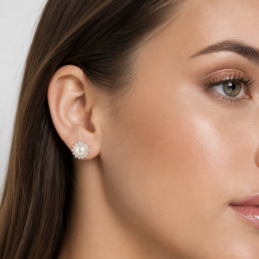 925 Sterling Silver Pearl & Diamond Halo Stud Earrings – 10mm