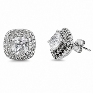925 Sterling Silver Double Halo Cushion CZ Stud Earrings