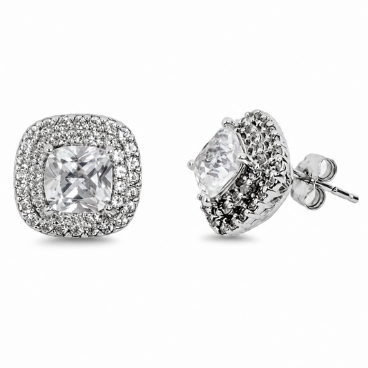 925 Sterling Silver Double Halo Cushion CZ Stud Earrings