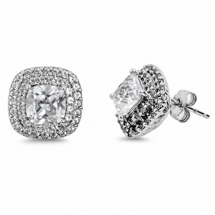 925 Sterling Silver Double Halo Cushion CZ Stud Earrings