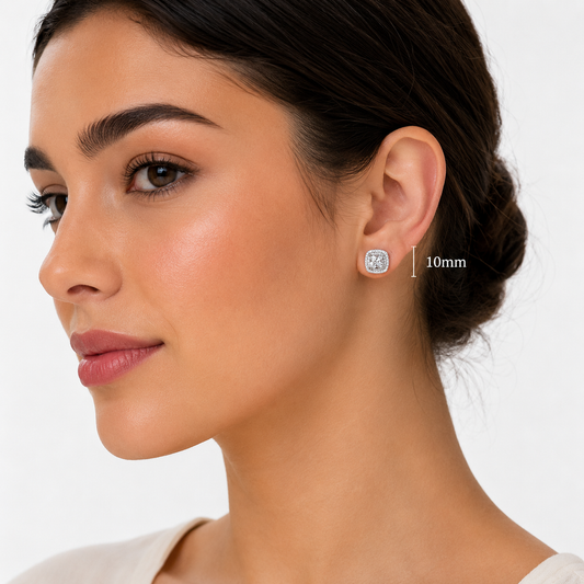 925 Sterling Silver Double Halo Cushion CZ Stud Earrings