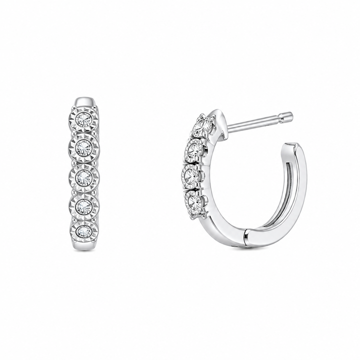 925 Sterling Silver Diamond-Cut Bezel Diamond Huggie Hoop Earrings