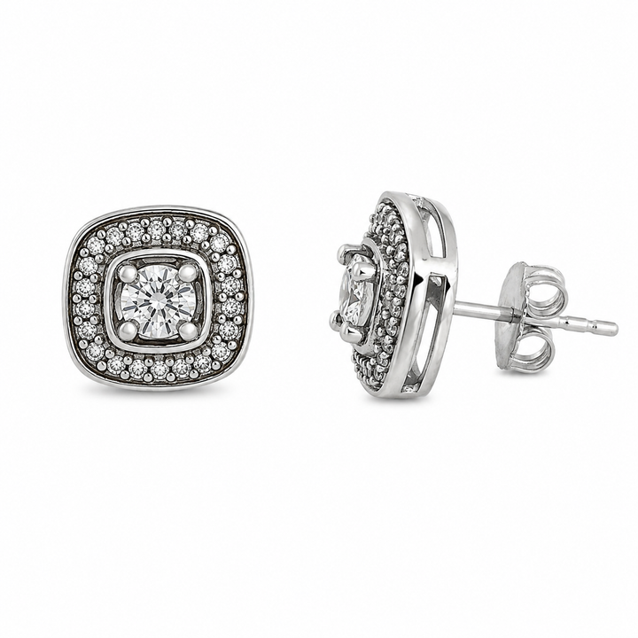 925 Sterling Silver Cushion Halo Diamond Stud Earrings