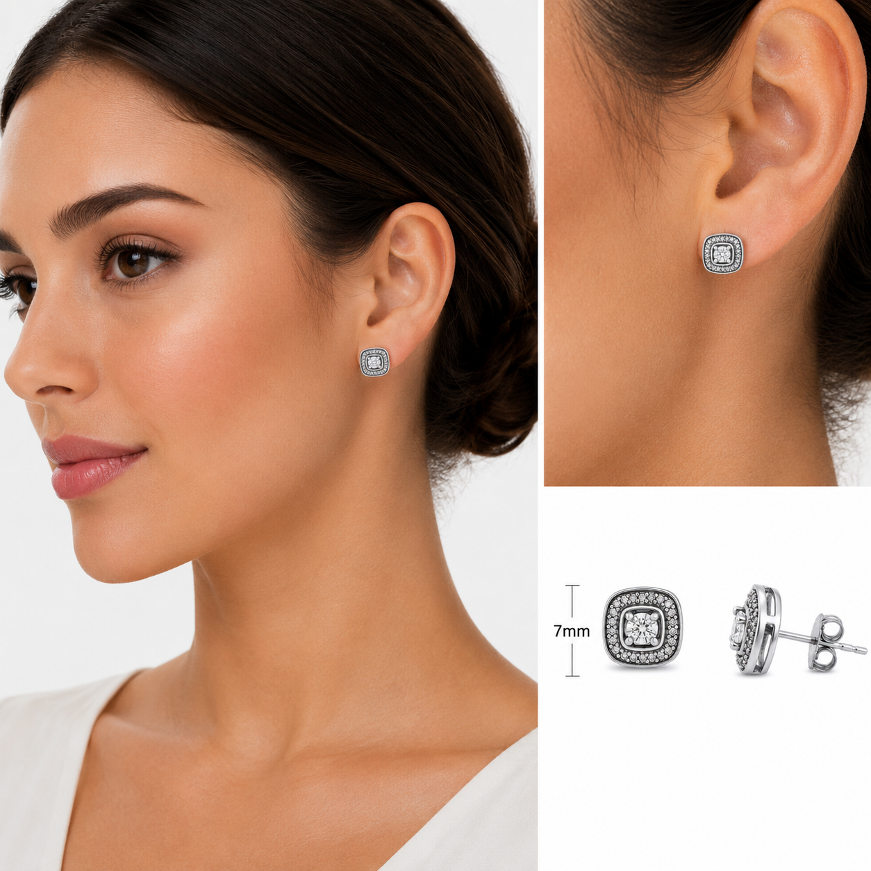 925 Sterling Silver Cushion Halo Diamond Stud Earrings
