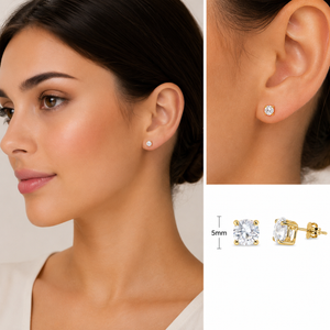 925 Gold Plated Sterling Silver Round CZ Solitaire Stud Earrings – 5mm