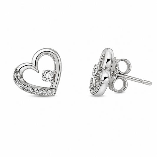 925 Sterling Silver Pavé Open Heart Diamond Stud Earrings