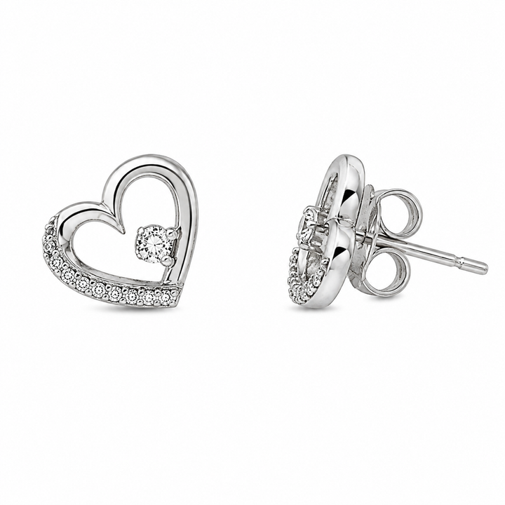 925 Sterling Silver Pavé Open Heart Diamond Stud Earrings