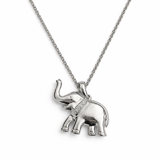 925 Sterling Silver Diamond Elephant Pendant Necklace