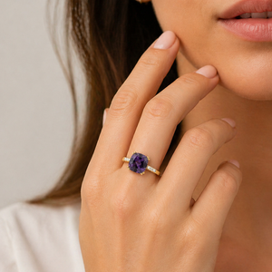10K Yellow Gold Cushion Cut Amethyst with Diamond Ring