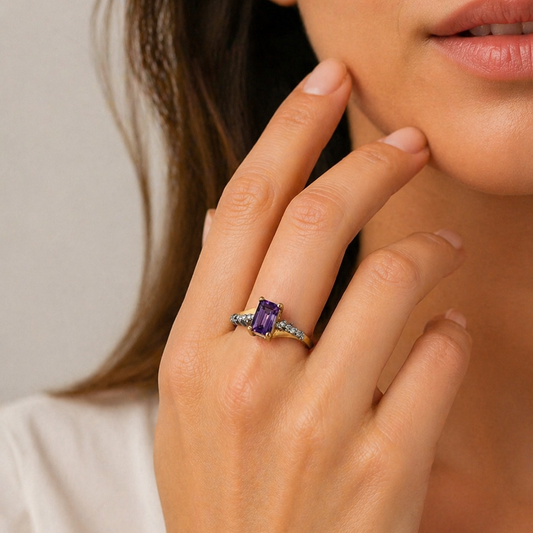 10K Two- tone Emerald Cut Amethyst Ring