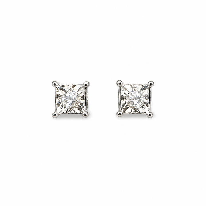 10k White Gold Diamond Squared Shaped Studs Earrings