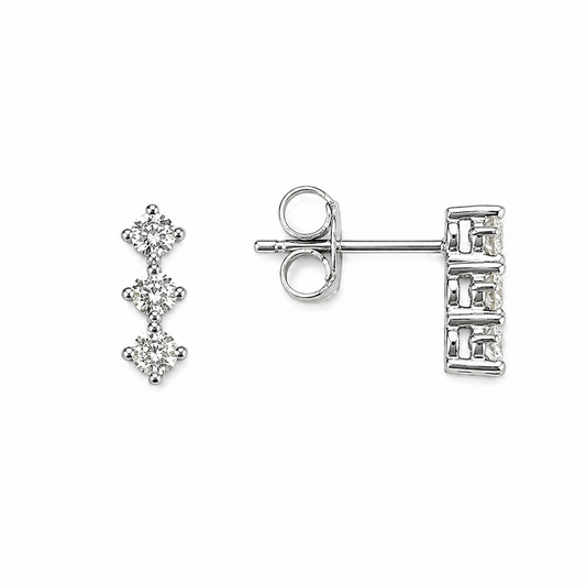 10k White Gold Three Diamonds Stud Earrings