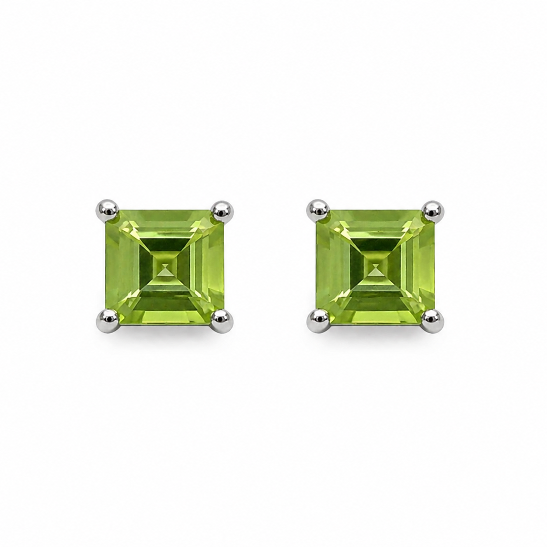10K White Gold Princess Cut Peridot Stud Earrings