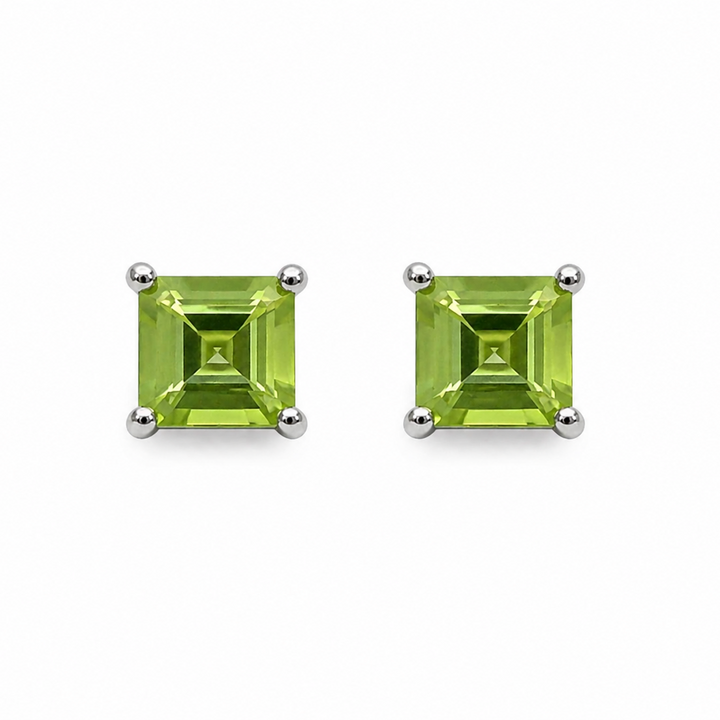10K White Gold Princess Cut Peridot Stud Earrings