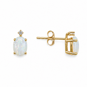 10K Yellow Gold Oval Cut Opal with Diamond Earrings