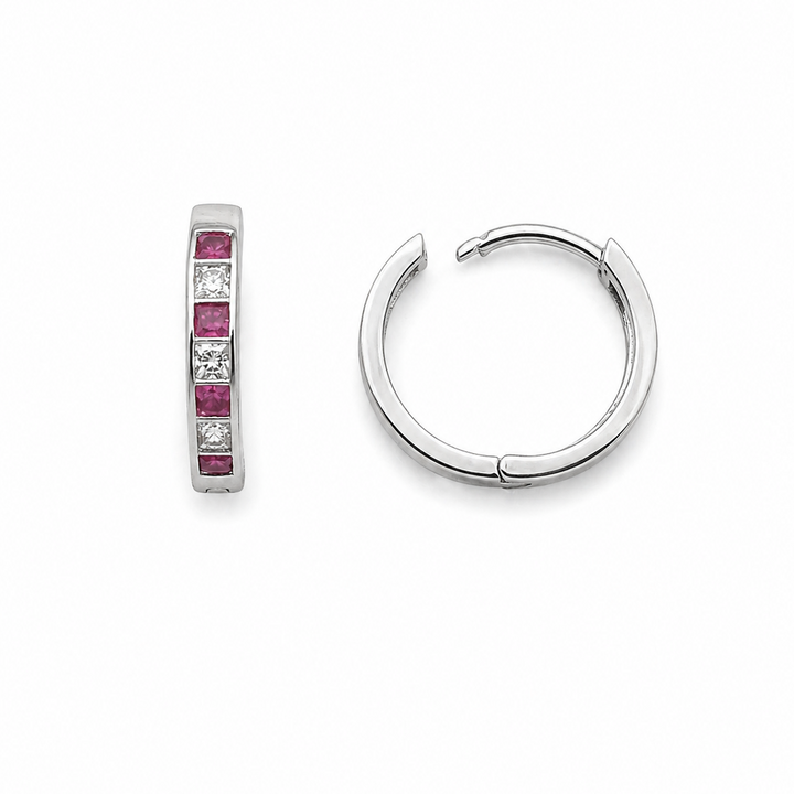 10K White Gold Ruby and Diamond Eternity Hoops Earrings