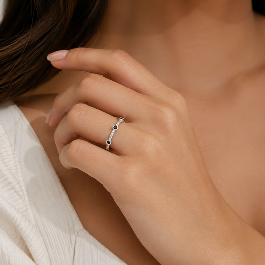 10K White Gold Bezel Sapphire & Diamond Station Ring