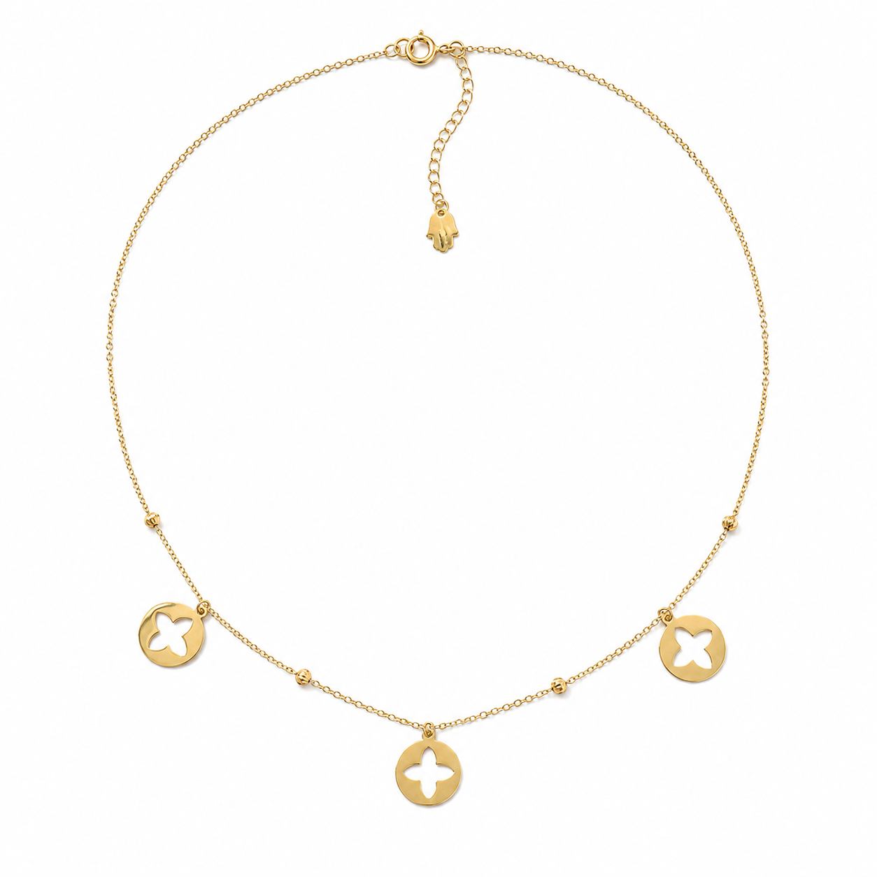 18K Yellow Gold Flower Cutout Disc Charm Necklace
