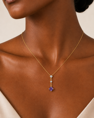 14K Yellow Gold Amethyst & Diamond Floral Drop Pendant Necklace 18"